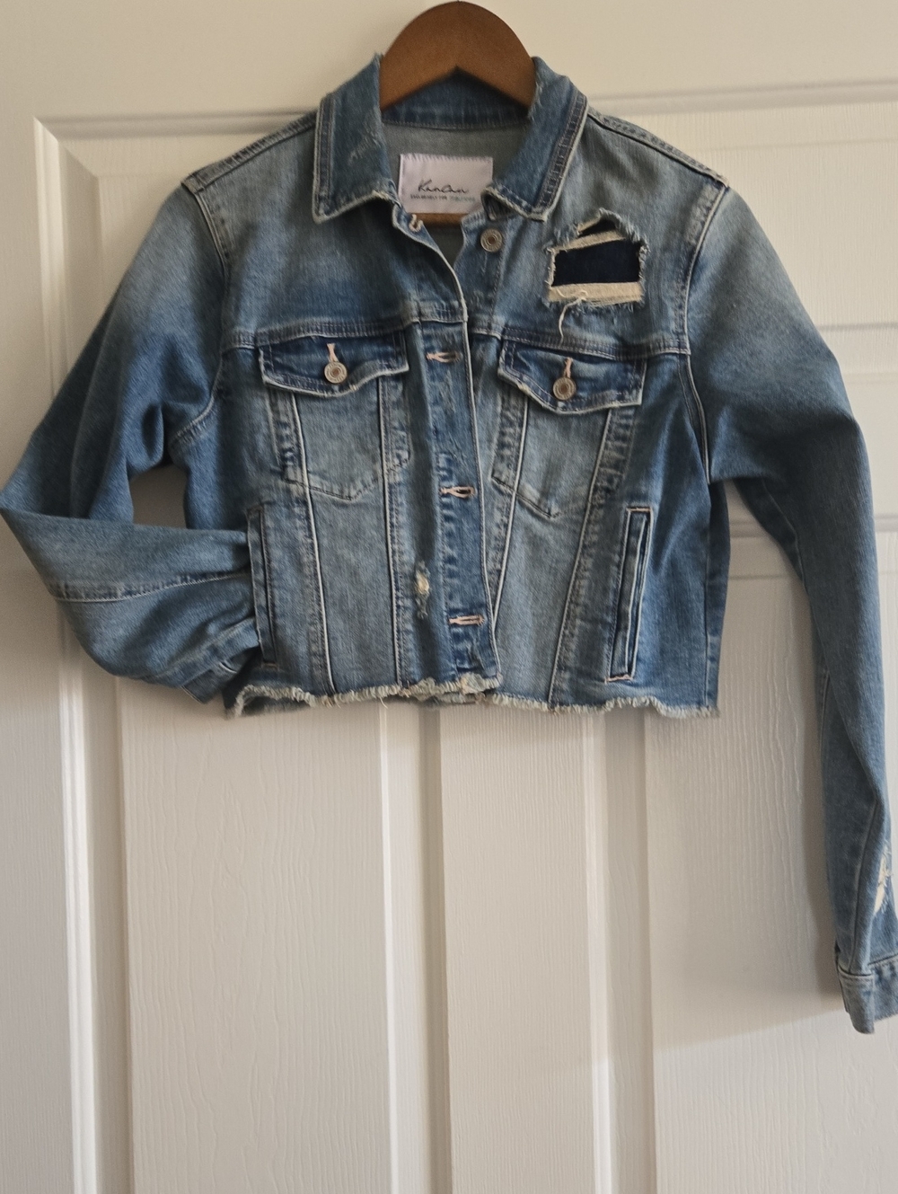 Blue Distressed Cropped Denim Jacket - Women's